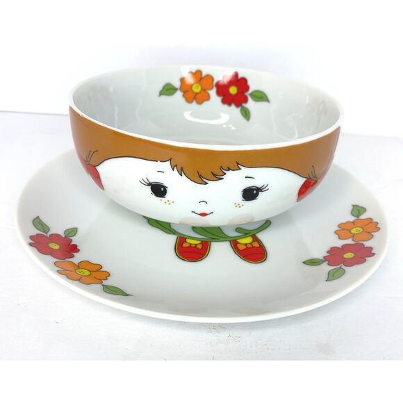 Fred Roberts 70s Farm Girl Stacking Porcelain Bowl Dish Set Japan Childs Vtg - Picture 1 of 13